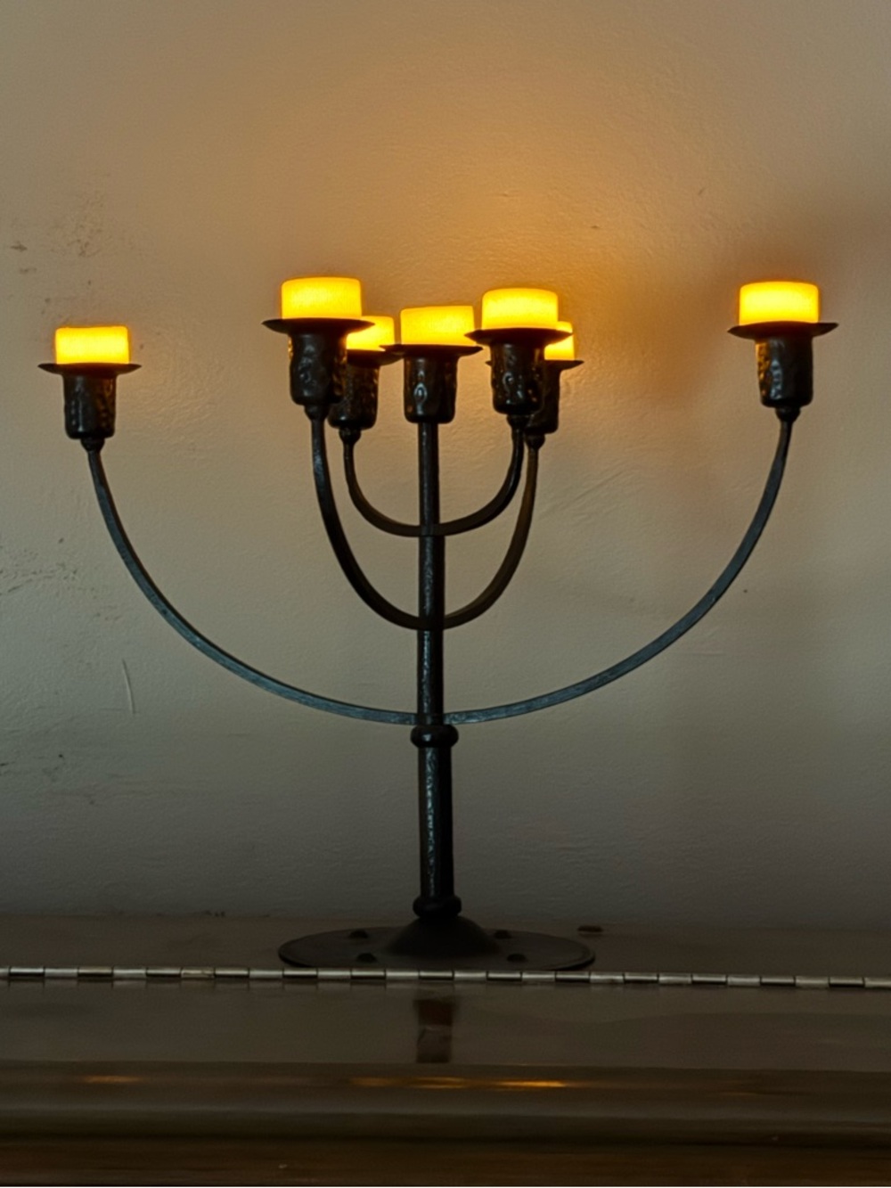 Black Metal 5-Arm Candelabra with Amber LED Candles